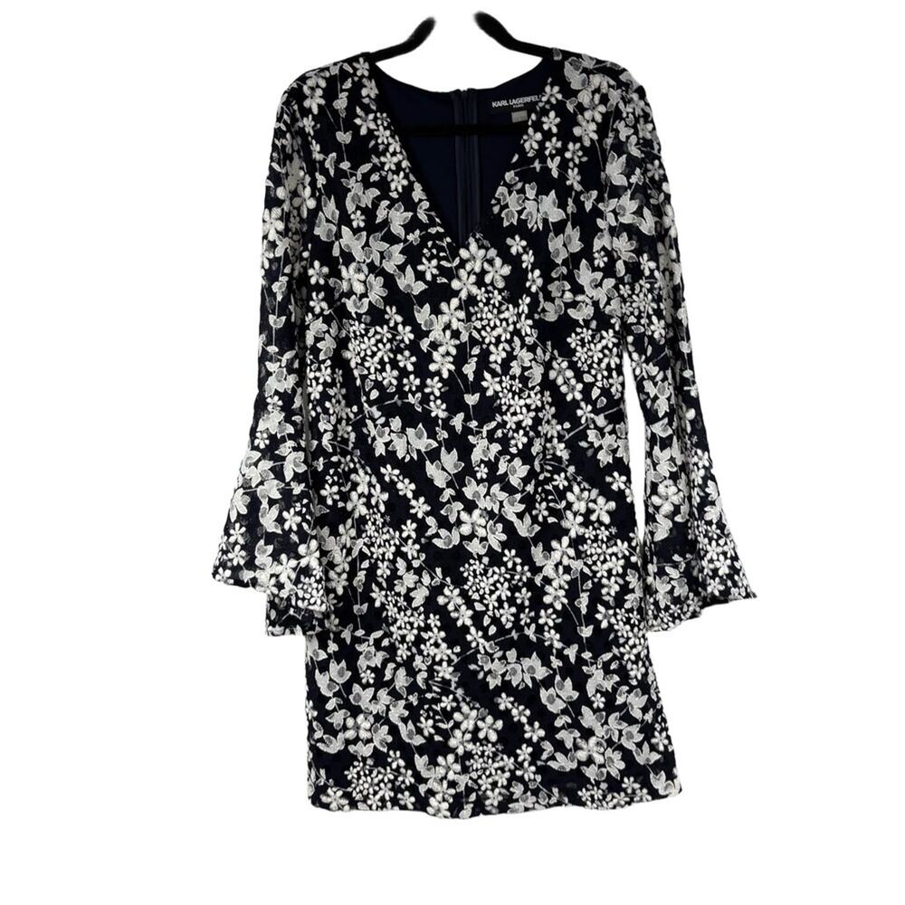 Karl Lagerfeld Dress Womens 2 Navy Blue White A-Line Floral Embroidery V-Neck